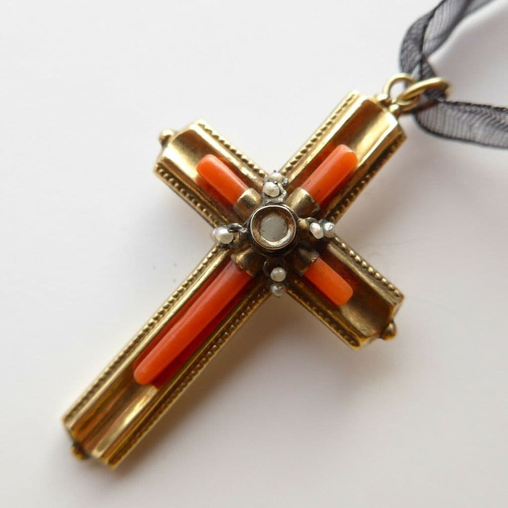 RARE Victorian STANHOPE CROSS Coral 9ct Gold and Pearl with Lords Prayer